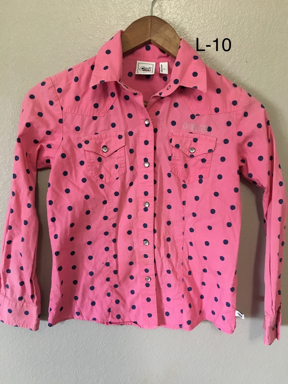 Cruel Girl Pink Button-Down Shirt with Navy Polka Dots